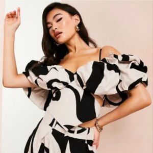 NWT Asos Luxe Cotton Puff-Sleeve Crop Top with Bardot Neckline Size 2